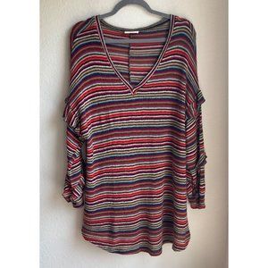 Hummingbird oversized lightweight striped Tunic colorful ruffle sweater size Med